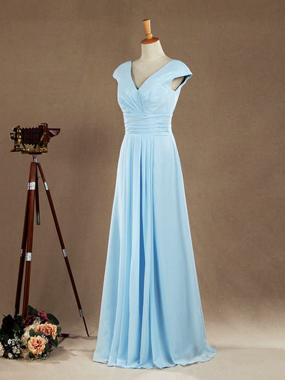 NumberSea - A - Line V - neck Floor Length Chiffon Bridesmaid Dress with Cap Sleeves