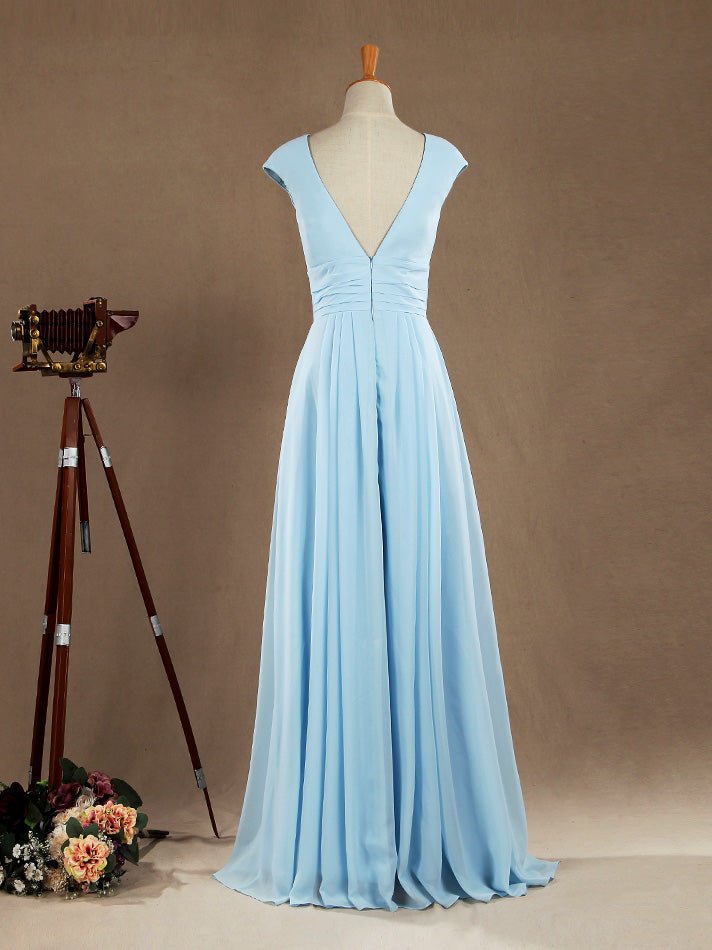 NumberSea - A - Line V - neck Floor Length Chiffon Bridesmaid Dress with Cap Sleeves