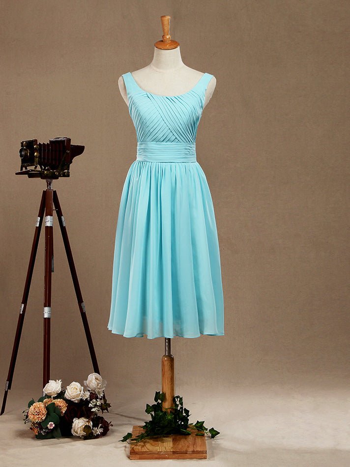 NumberSea - Knee Length Scoop Neck Chiffon Bridesmaid Dress with Criss Cross Ruching Pleats