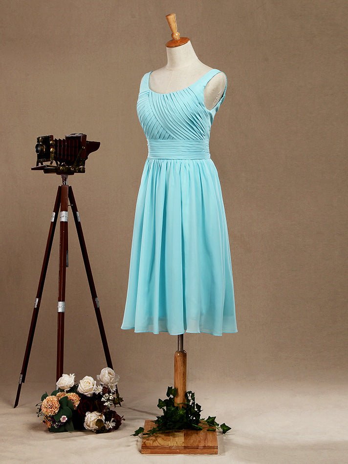 NumberSea - Knee Length Scoop Neck Chiffon Bridesmaid Dress with Criss Cross Ruching Pleats