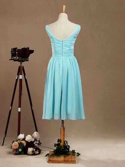 NumberSea - Knee Length Scoop Neck Chiffon Bridesmaid Dress with Criss Cross Ruching Pleats