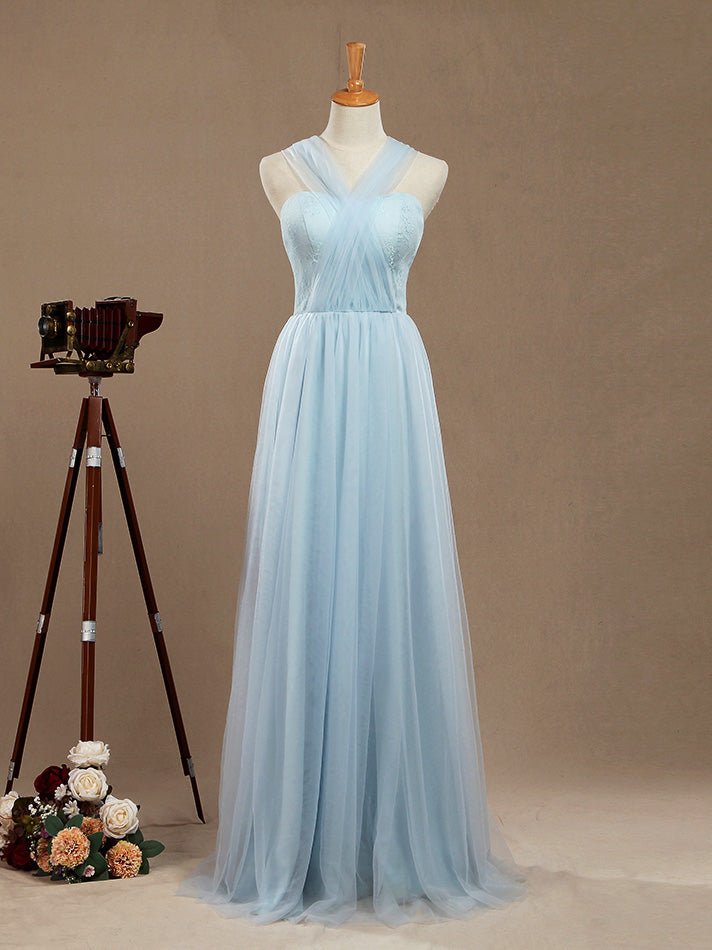 NumberSea - Convertible A - Line Tulle match Lace Floor Length Bridesmaid Dress Sweetheart Neck