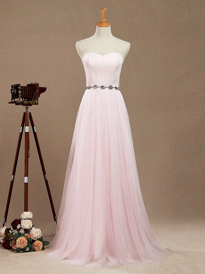 NumberSea - A - Line Tulle Floor Length Bridesmaid Dress Strapless with Belt