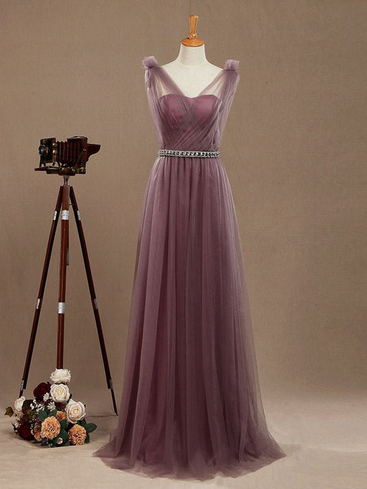 NumberSea - A - Line V - neck Tulle Floor Length Bridesmaid Dress with Ruching Pleats