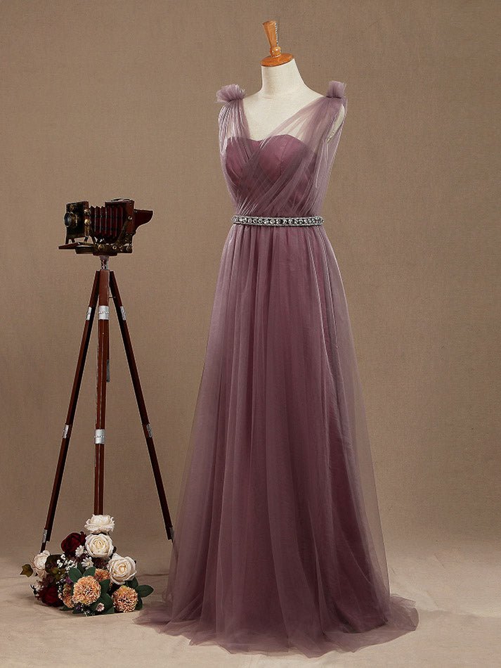 NumberSea - A - Line V - neck Tulle Floor Length Bridesmaid Dress with Ruching Pleats