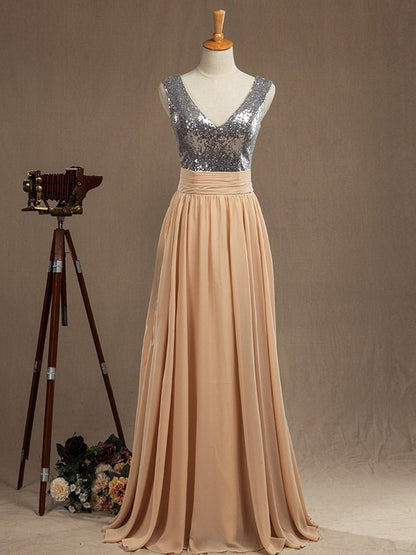 NumberSea - Chiffon Mix Sequin Bridesmaid Dress V - neck A - line Sleeveless