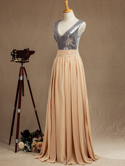 NumberSea - Chiffon Mix Sequin Bridesmaid Dress V - neck A - line Sleeveless