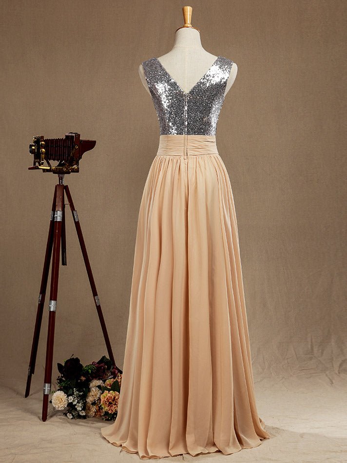 NumberSea - Chiffon Mix Sequin Bridesmaid Dress V - neck A - line Sleeveless