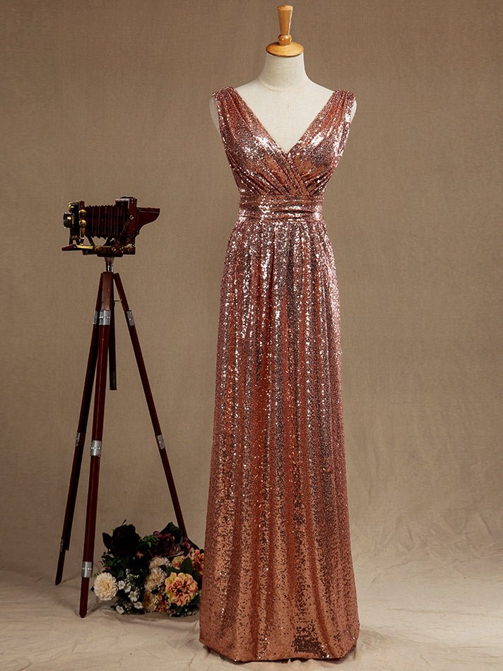 NumberSea - Numbersea Sheath Column Rose Gold Sequin Bridesmaid Dress Sheath Column V - neck Evening dress