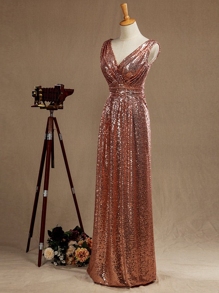 NumberSea - Numbersea Sheath Column Rose Gold Sequin Bridesmaid Dress Sheath Column V - neck Evening dress