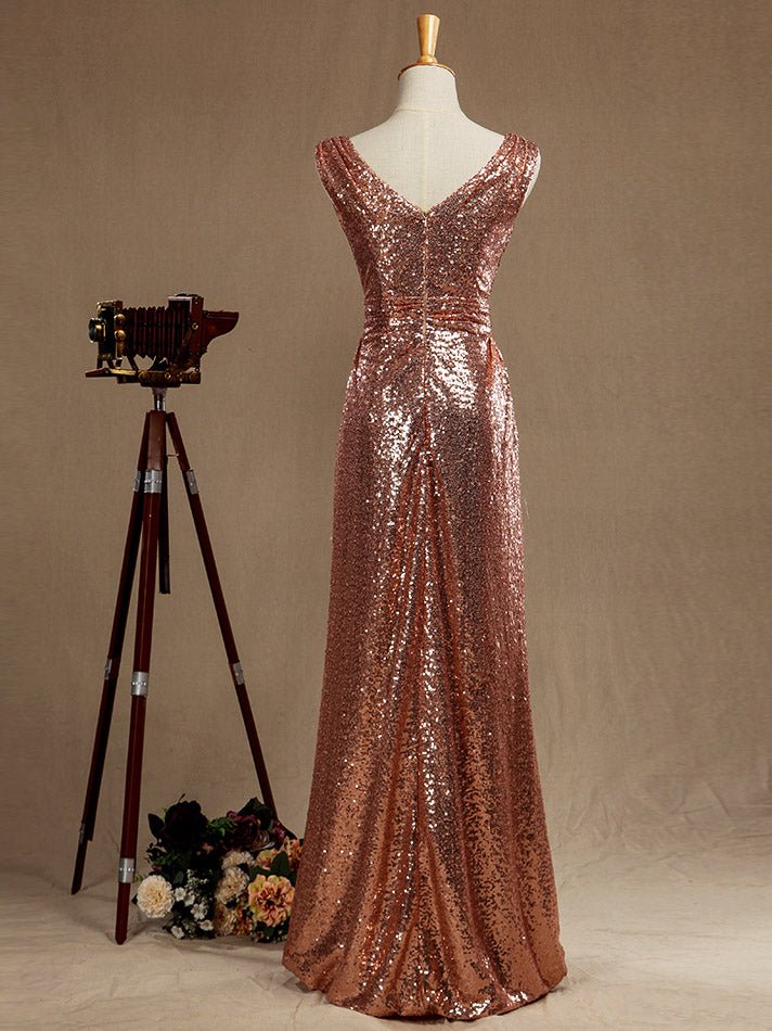 NumberSea - Numbersea Sheath Column Rose Gold Sequin Bridesmaid Dress Sheath Column V - neck Evening dress