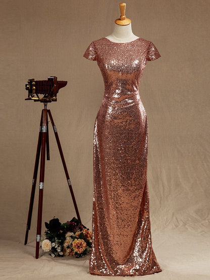 NumberSea - Rose Gold Sequin Bridesmaid dress Cowl Back Cap Sleeves Scoop neck