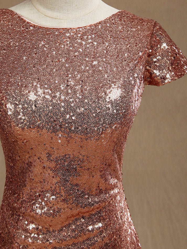 NumberSea - Rose Gold Sequin Bridesmaid dress Cowl Back Cap Sleeves Scoop neck