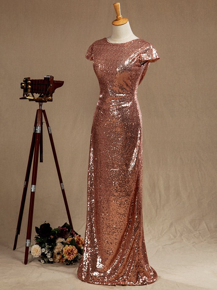 NumberSea - Rose Gold Sequin Bridesmaid dress Cowl Back Cap Sleeves Scoop neck