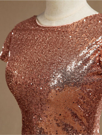 NumberSea - Rose Gold Sequin Bridesmaid dress Cowl Back Cap Sleeves Scoop neck