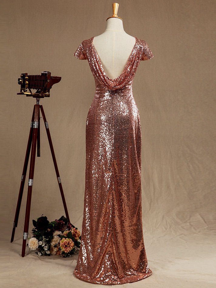 NumberSea - Rose Gold Sequin Bridesmaid dress Cowl Back Cap Sleeves Scoop neck