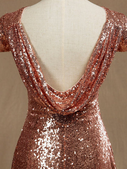 NumberSea - Rose Gold Sequin Bridesmaid dress Cowl Back Cap Sleeves Scoop neck