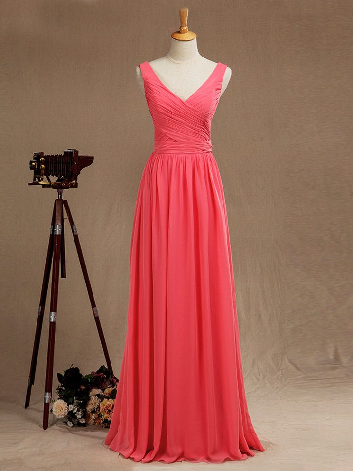 NumberSea - A - Line V - neck Floor Length Chiffon Bridesmaid Dress with Criss Cross Pleats