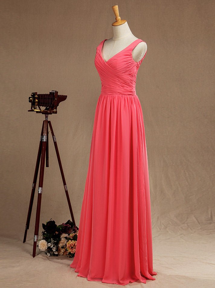 NumberSea - A - Line V - neck Floor Length Chiffon Bridesmaid Dress with Criss Cross Pleats