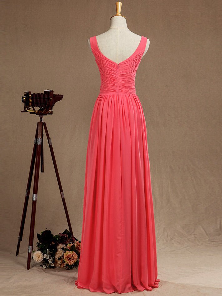 NumberSea - A - Line V - neck Floor Length Chiffon Bridesmaid Dress with Criss Cross Pleats