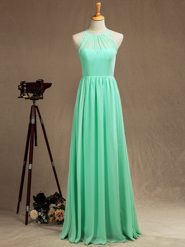 NumberSea - Numbersea Sheath Column Jewel Neck Floor Length Chiffon Bridesmaid Dress with Pleats