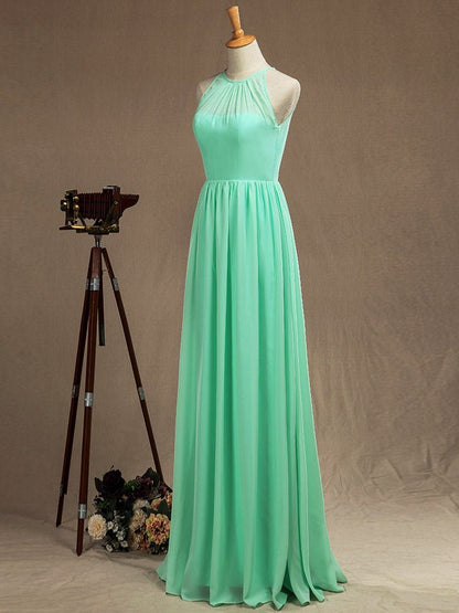 NumberSea - Numbersea Sheath Column Jewel Neck Floor Length Chiffon Bridesmaid Dress with Pleats