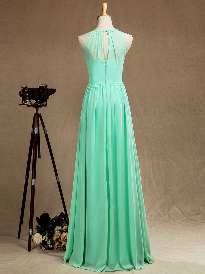 NumberSea - Numbersea Sheath Column Jewel Neck Floor Length Chiffon Bridesmaid Dress with Pleats