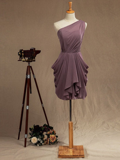 NumberSea - Numbersea Mini Chiffon Bridesmaid Dress Dusty Purple One Shoulder A - line Asymmetrical Pleats