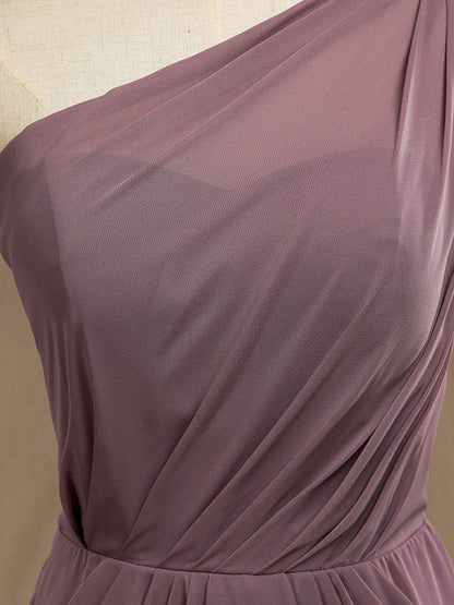 NumberSea - Numbersea Mini Chiffon Bridesmaid Dress Dusty Purple One Shoulder A - line Asymmetrical Pleats