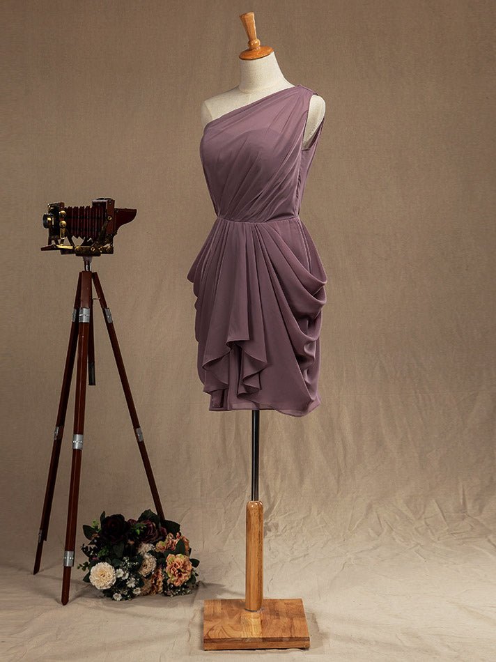 NumberSea - Numbersea Mini Chiffon Bridesmaid Dress Dusty Purple One Shoulder A - line Asymmetrical Pleats