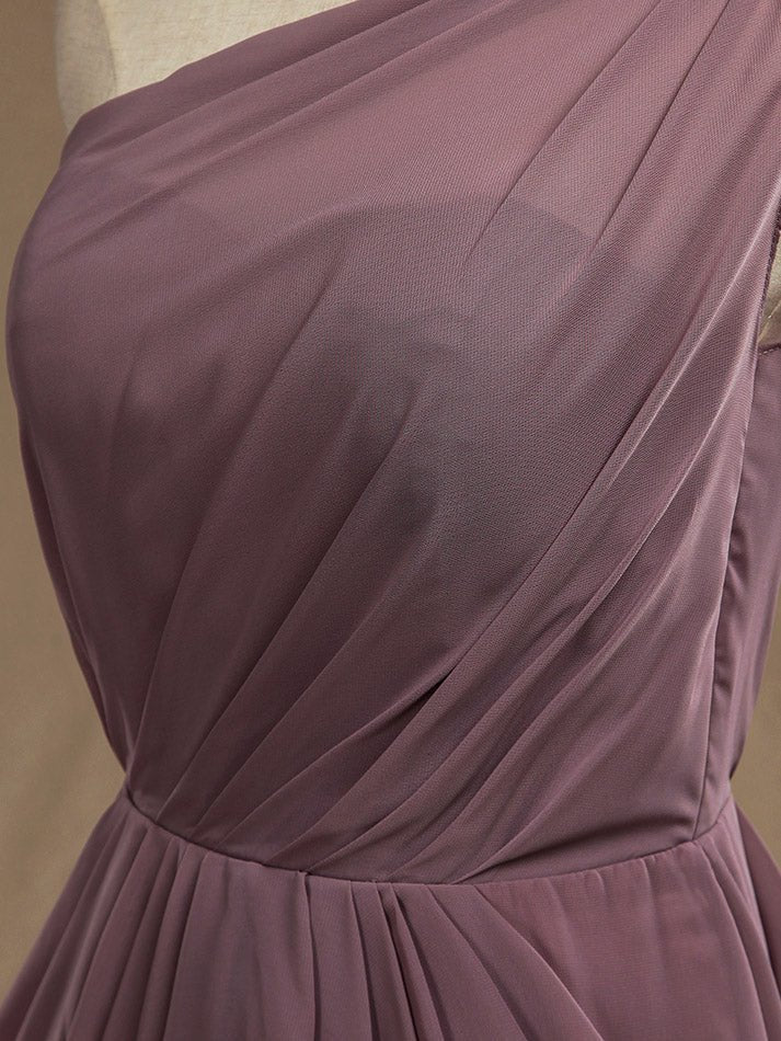 NumberSea - Numbersea Mini Chiffon Bridesmaid Dress Dusty Purple One Shoulder A - line Asymmetrical Pleats