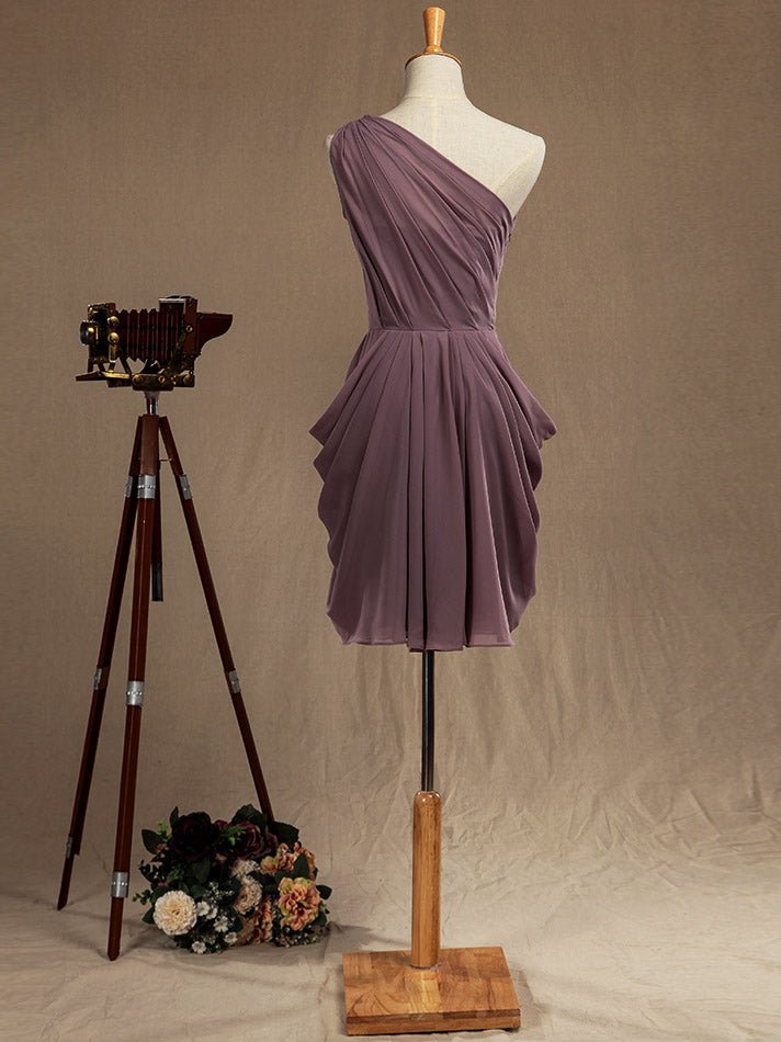 NumberSea - Numbersea Mini Chiffon Bridesmaid Dress Dusty Purple One Shoulder A - line Asymmetrical Pleats