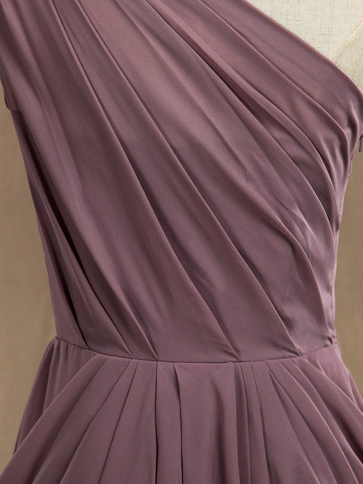 NumberSea - Numbersea Mini Chiffon Bridesmaid Dress Dusty Purple One Shoulder A - line Asymmetrical Pleats