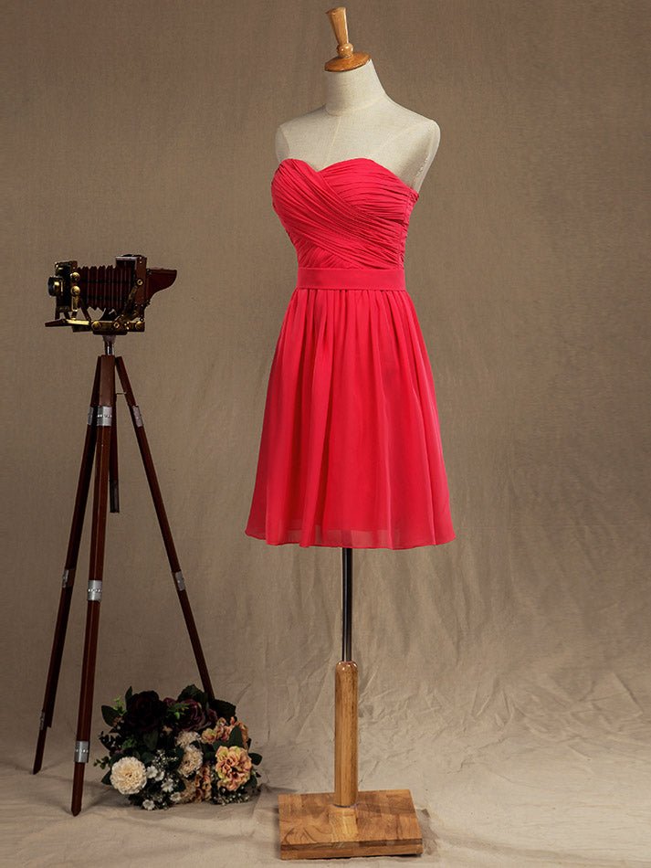 NumberSea - A - line Strapless Sweetheart Knee Length Chiffon Bridesmaid Dress with Criss Cross Ruching Pleats