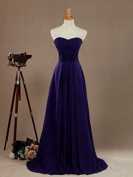 NumberSea - A - Line Strapless Sweetheart Floor Length Chiffon Bridesmaid Dress with Criss Cross Ruching Pleats