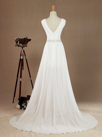 NumberSea - A - Line V - neck Floor Length Chiffon match Lace Wedding Dress with Beading Belt Split Short Train