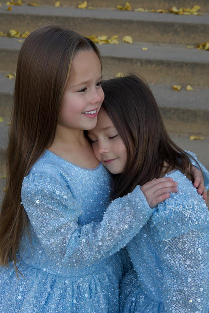 Long Sleeves Knee-length Blue Sequins Girl birthday Dress