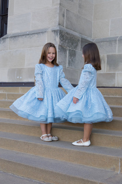 Long Sleeves Knee-length Blue Sequins Girl birthday Dress