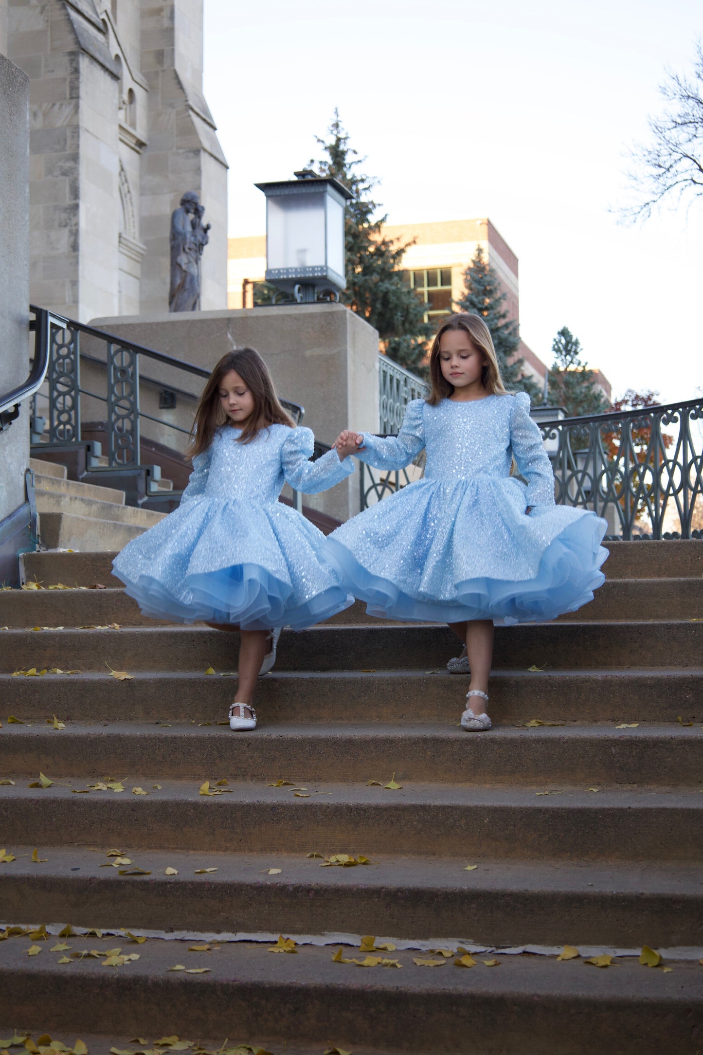 Long Sleeves Knee-length Blue Sequins Girl birthday Dress