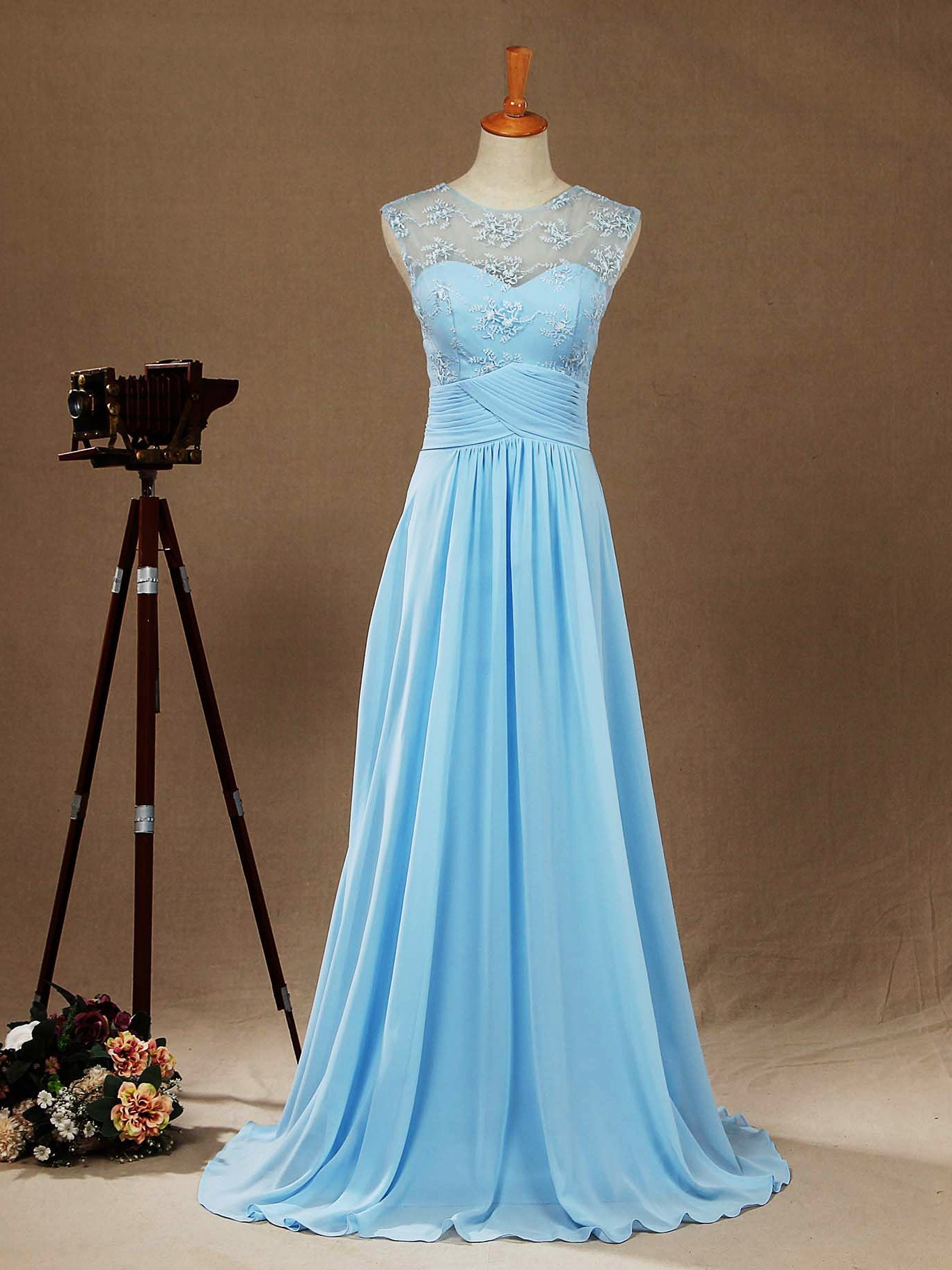 A-line Scoop Neck Floor Length Chiffon Mix Lace Bridesmaid Dress See Through Back