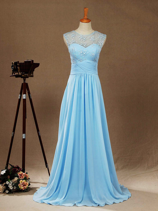 A-line Scoop Neck Floor Length Chiffon Mix Lace Bridesmaid Dress See Through Back