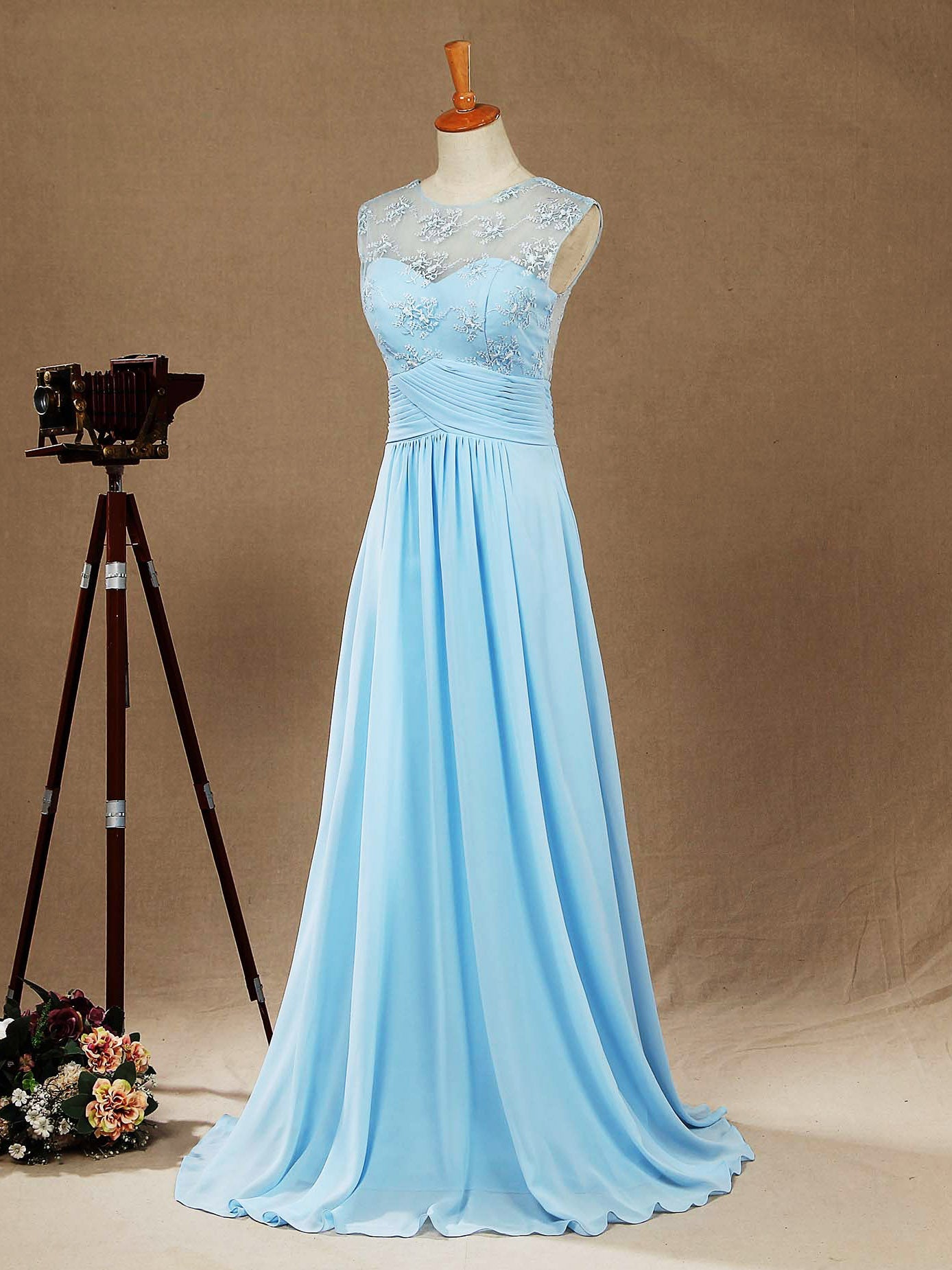 A-line Scoop Neck Floor Length Chiffon Mix Lace Bridesmaid Dress See Through Back