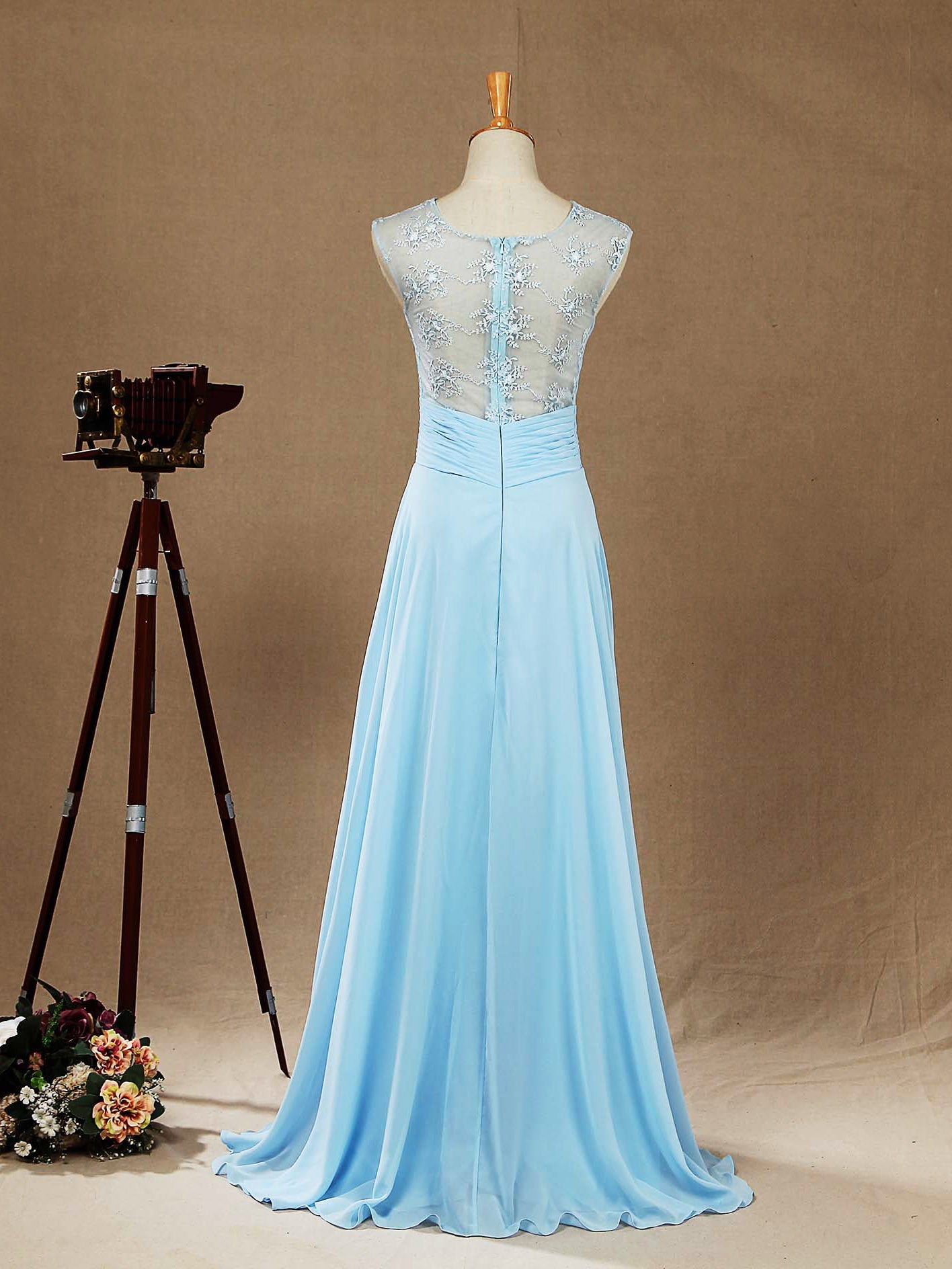 A-line Scoop Neck Floor Length Chiffon Mix Lace Bridesmaid Dress See Through Back