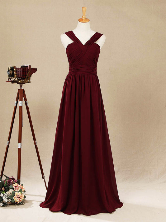 A-line V-neck Floor Length Chiffon Bridesmaid Dress with Double Straps