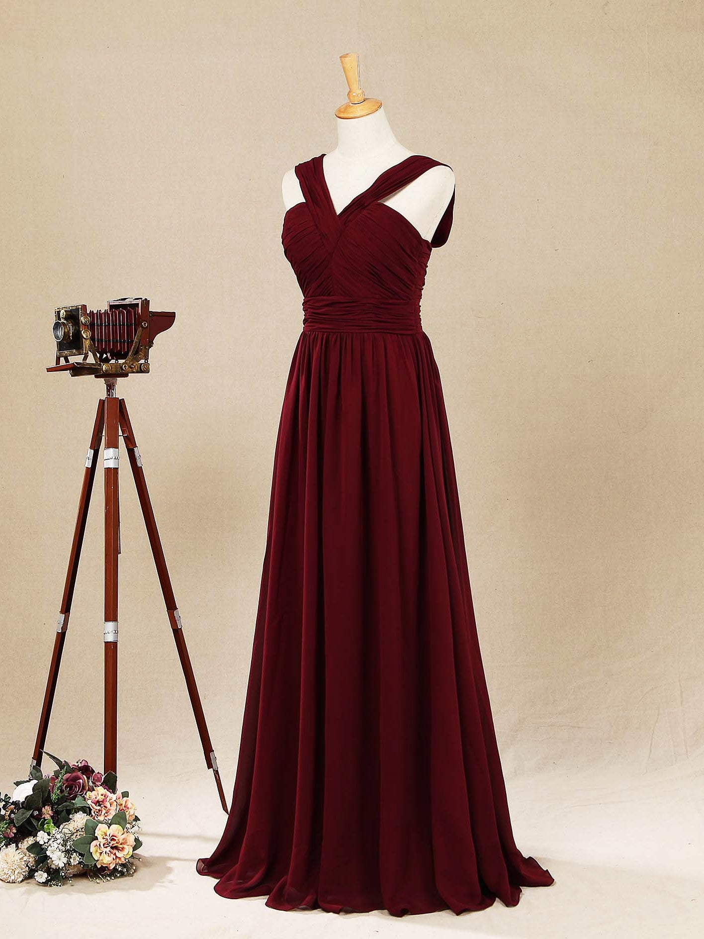 A-line V-neck Floor Length Chiffon Bridesmaid Dress with Double Straps