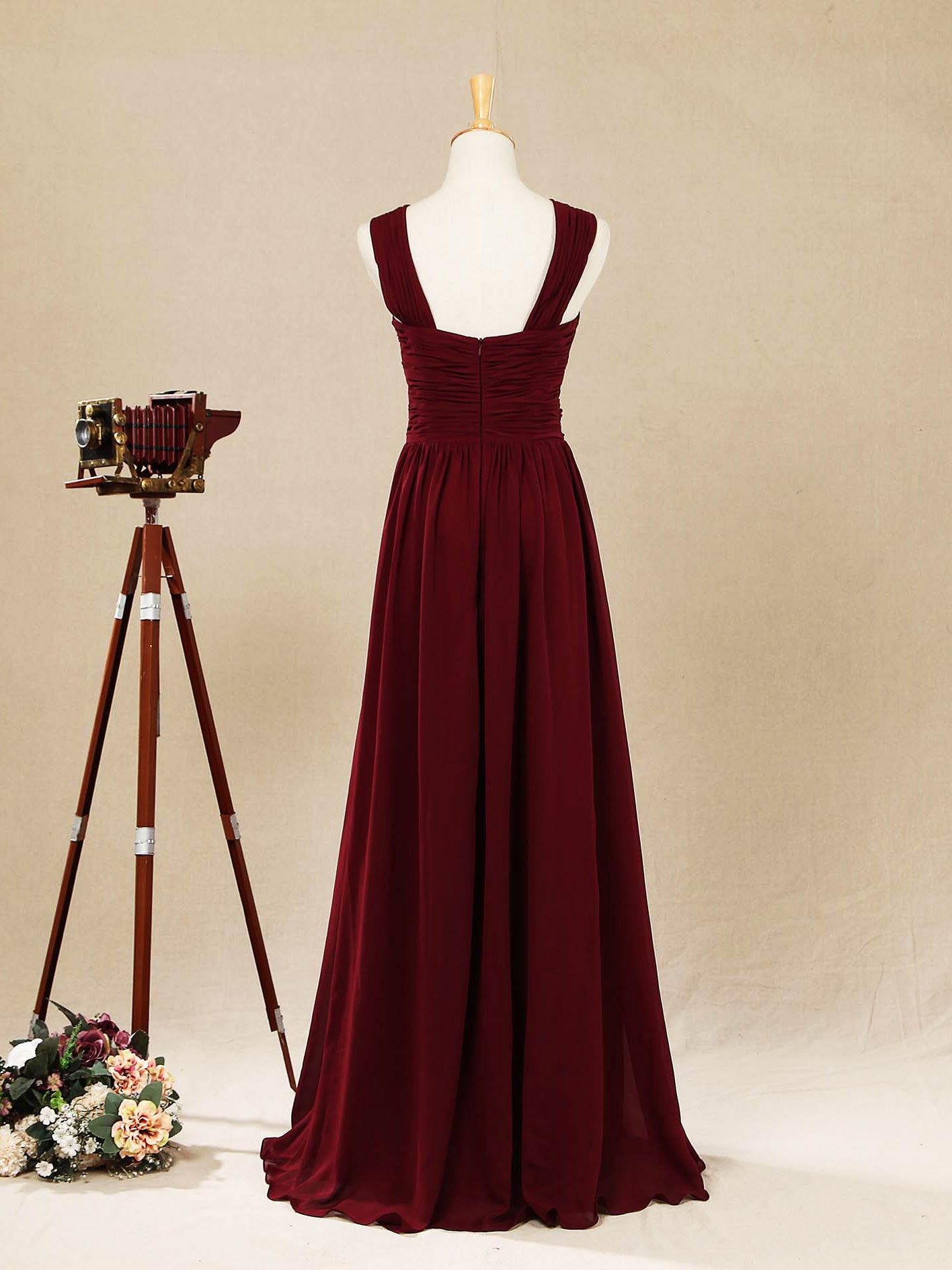 A-line V-neck Floor Length Chiffon Bridesmaid Dress with Double Straps