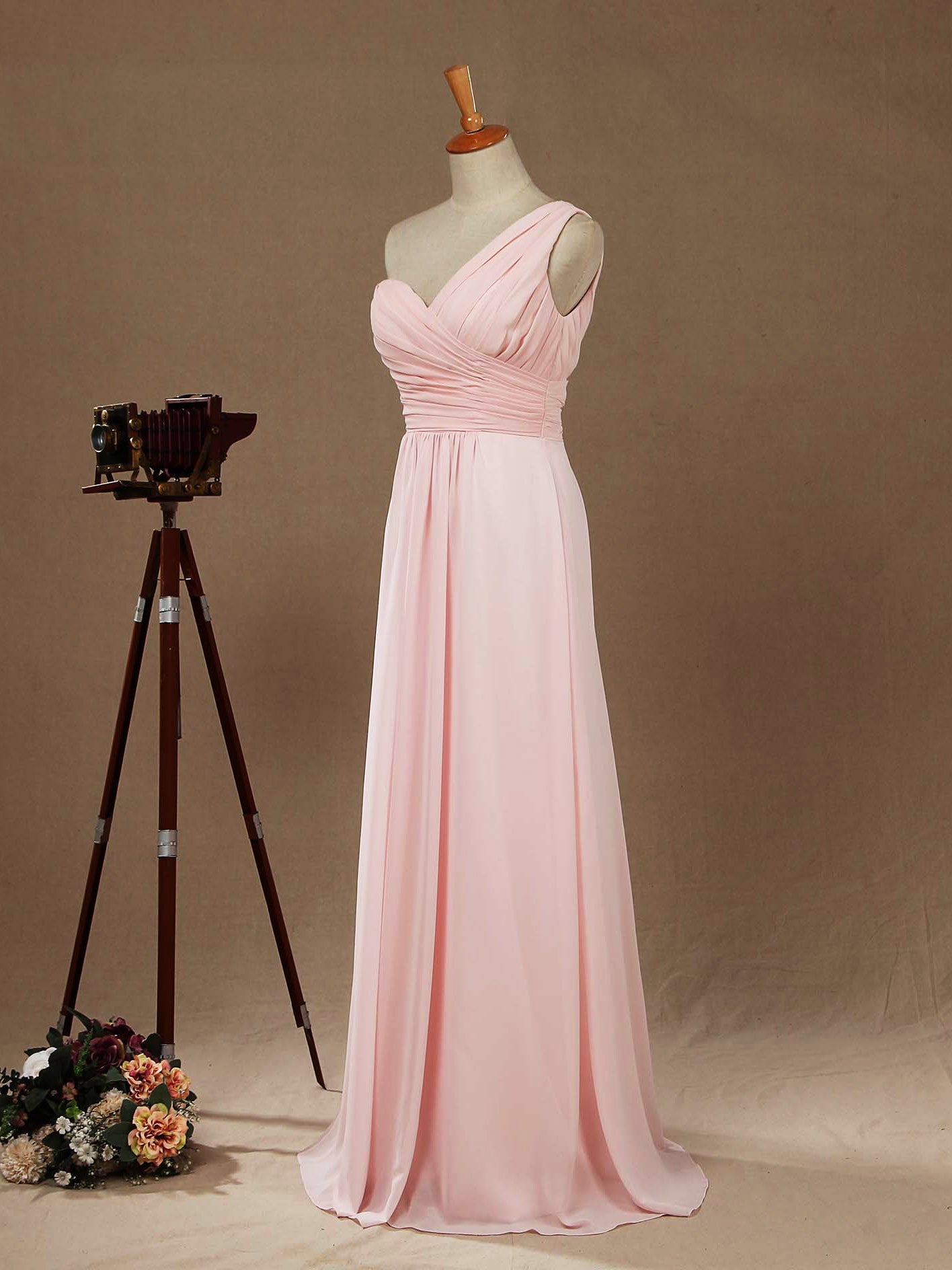 One Shoulder A-Line Floor Length Chiffon Bridesmaid Dress with Ruching