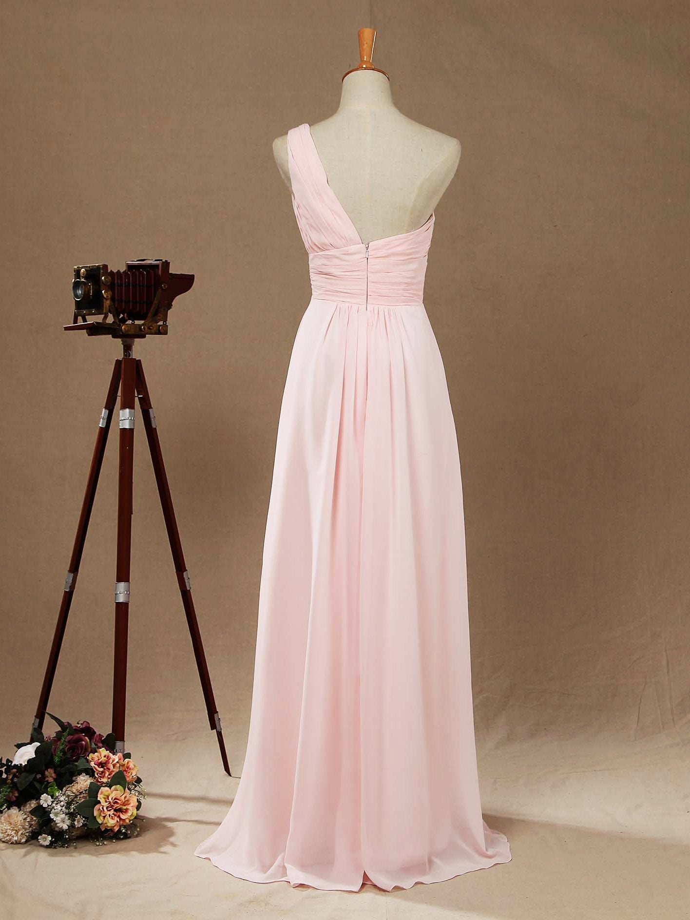 One Shoulder A-Line Floor Length Chiffon Bridesmaid Dress with Ruching