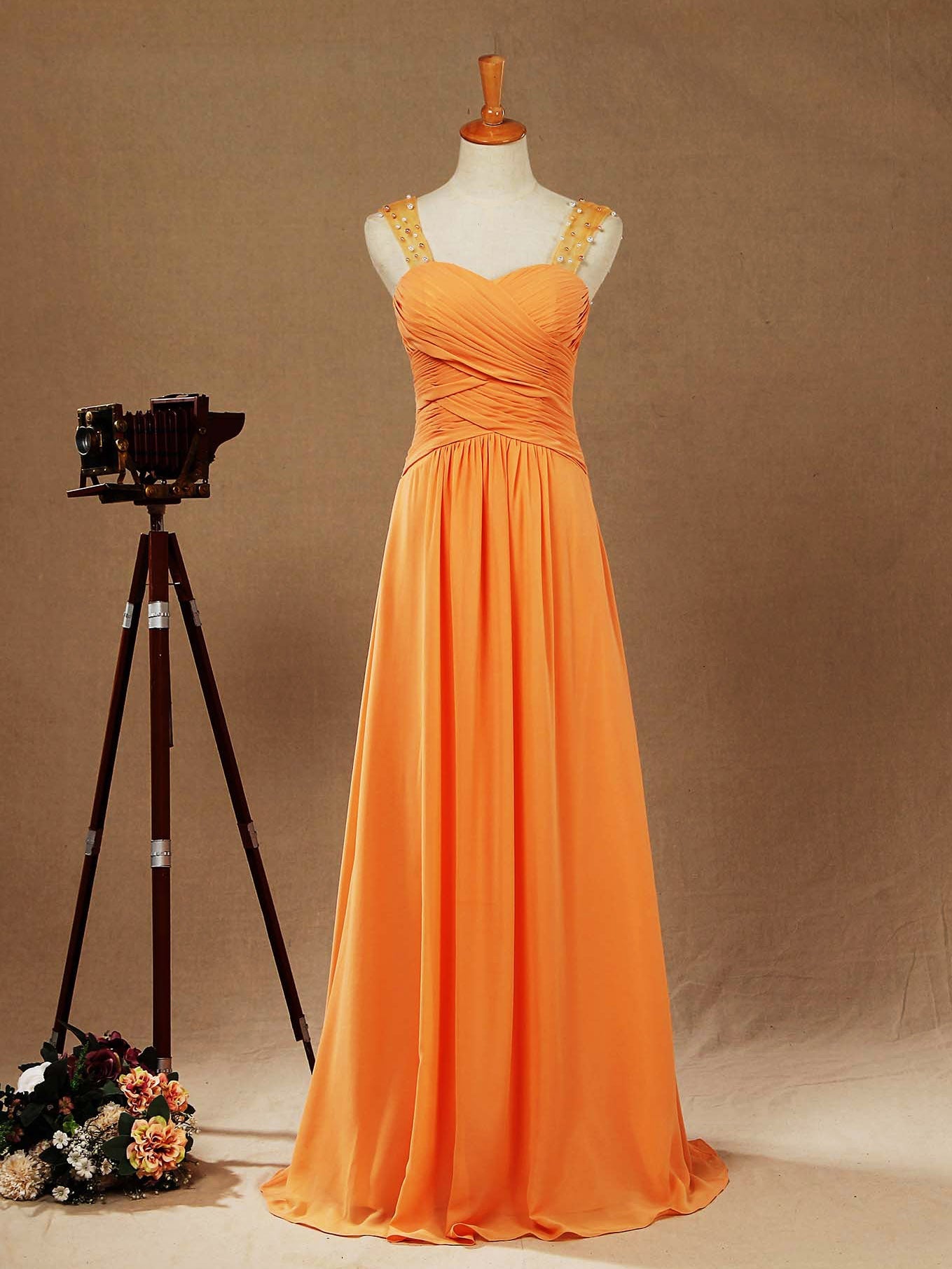 Chiffon Bridesmaid Dress A-line Floor Length with Beads Straps Criss Cross Ruching