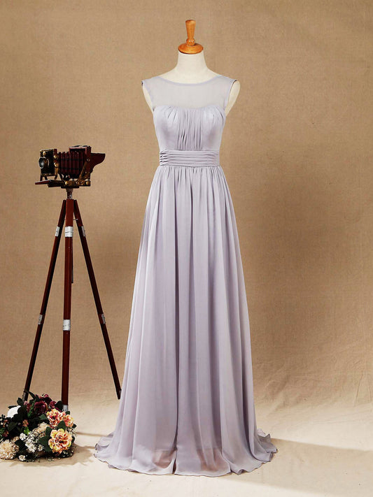 A-Line Floor Length Chiffon Bridesmaid Dress Silver Bateau Neck with Lace Up Simple High Quality Prom Dress